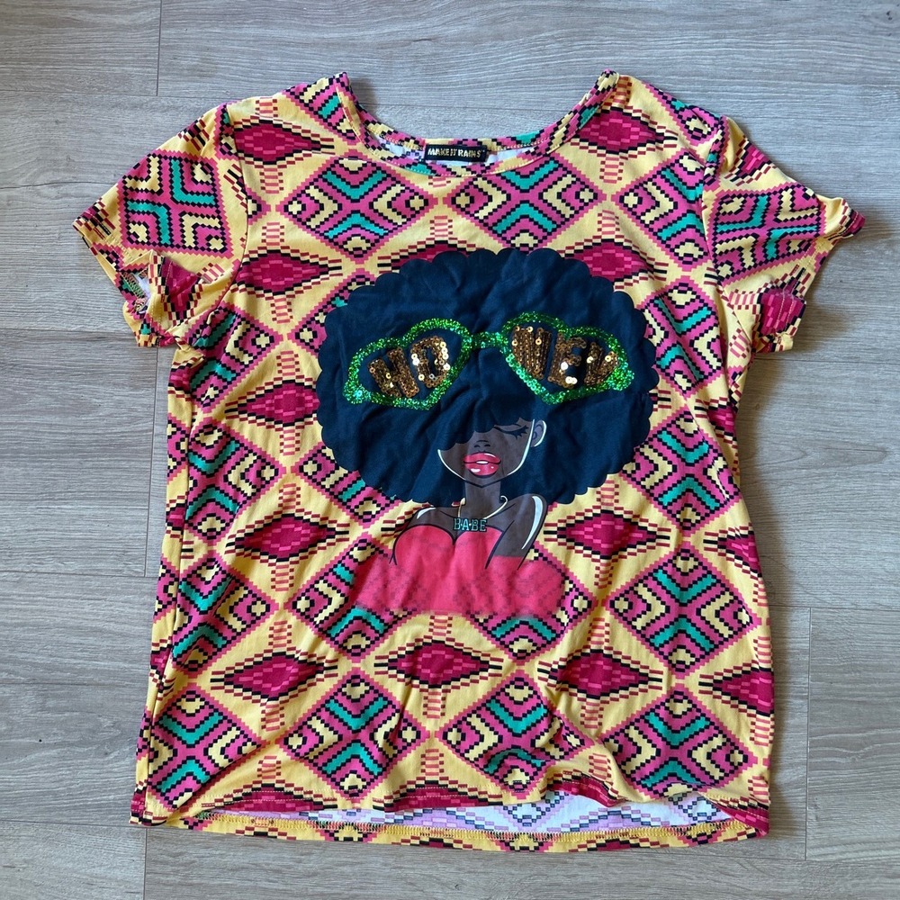 Make It Rains Women Large Yellow Geometric Afro Honey Sequin Graphic Tee Shirt